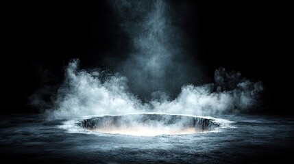 A dark, icy surface with a glowing circular hole in the center, surrounded by swirling white smoke and mist.