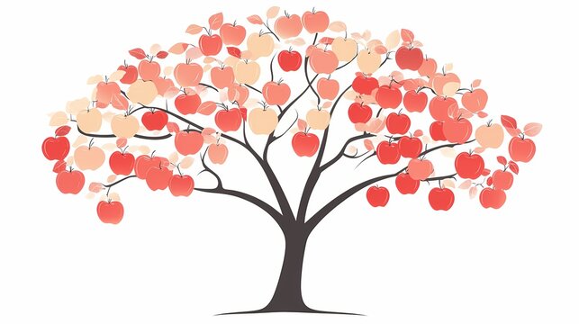 Stylized deciduous tree laden with numerous ripening fruits against a stark white background