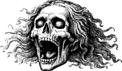 Vintage skull art featuring a screaming face with long hair. This vector illustration showcases detailed engraving style in black and white.