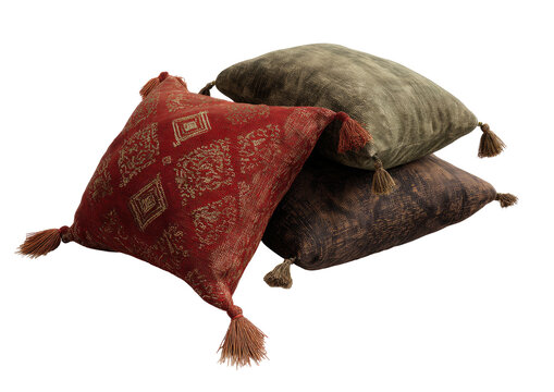 Three tasselled cushions, red, green, and brown, stacked