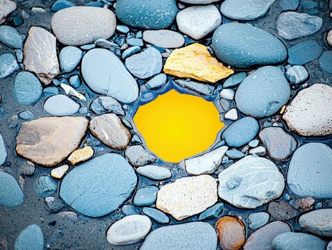 A close-up, overhead view of smooth, rounded stones in various shades of gray, blue, and tan, partially submerged in dark water, with a vibrant yellow circular