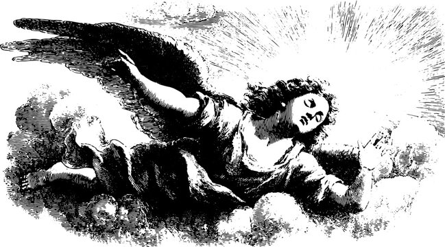 Vintage angel engraving in a retro style. This black and white set features a celestial figure surrounded by clouds in a vector illustration.