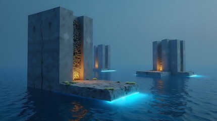 Detailed, photorealistic 3D architectural rendering: Elegant towers of porous, self-healing biomimetic limestone, visibly filtering the sea, covered in bioluminescent coral structures.