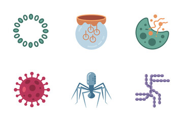 Virology virus icons, detailed test tube, DNA helix, microorganism, bacteria, disease symbol, medical research vector set.