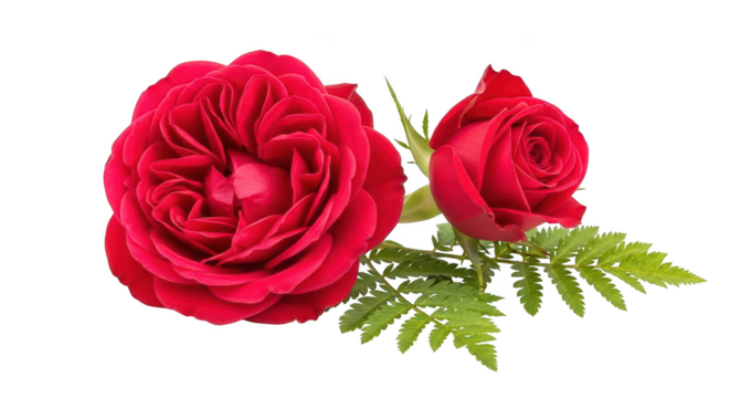 Vibrant Red Roses With Green Fern Leaves On Black Background