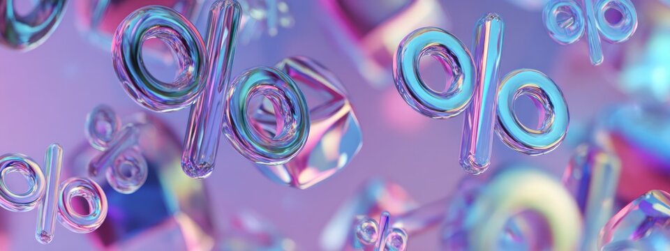 3D illustration of a transparent glass percent symbol, floating in the air with iridescent reflections and soft pastel gradients. Futuristic minimalistic concept for discounts, sales, banner 