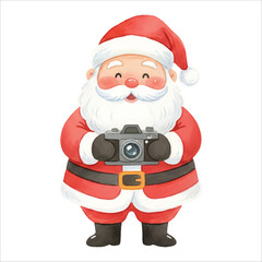Watercolor Santa Claus photographer holding camera, Christmas vector illustration isolated on white
