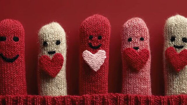 A row of five knitted finger puppets in shades of red and cream each adorned with a heart and a simple face against a red background