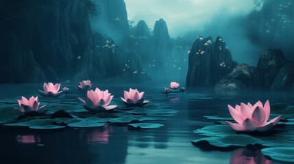 Enchanting Water Lilies in a Mystical Landscape with Jagged Mountain Peaks