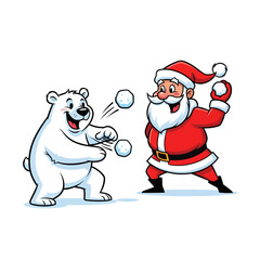 Santa Claus enjoys a fun snowball fight with a friendly polar bear in a playful winter scene