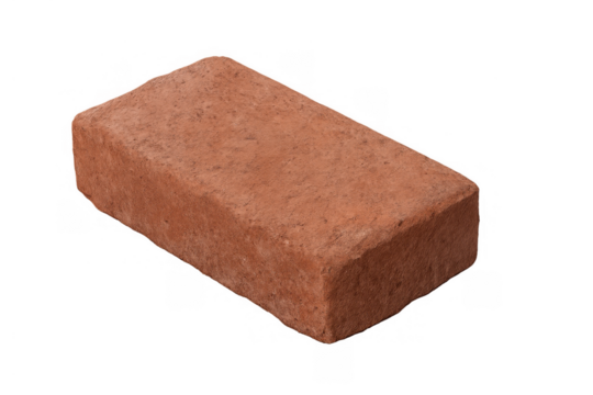 Red clay brick item for construction and building industry, isolated single block on transparent background