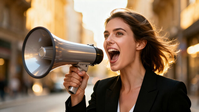 Woman enthusiastically speaks into megaphone in urban setting during sunset. Vibrant city atmosphere enhances her energized appeal. Concept of advocacy, public speaking, event promotion