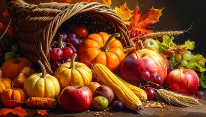 Bountiful Autumn Harvest Cornucopia with Fresh Fruits and Vegetables