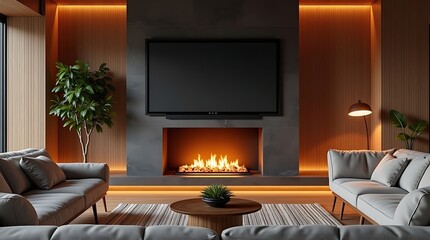 Cozy, reconfigurable smart home: High-quality interior rendering with a dark natural stone fireplace, a transparent screen, and silent partitions of fluted glass and bamboo creating an intimate nook.