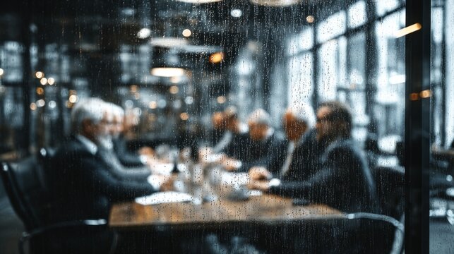 A group of professionals gathers around a large table in a stylish office. Raindrops cling to the glass, adding a moody, contemplative vibe to the serious discussion