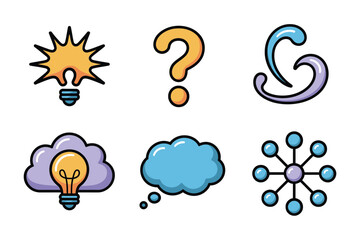 Idea generation icons, detailed lightbulb, question mark, abstract cloud, molecular diagram, brainstorm flat illustration vector.