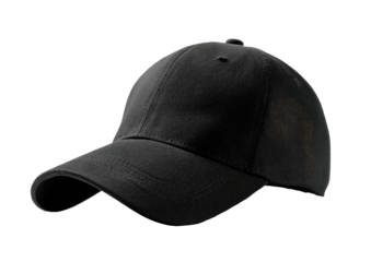 Black baseball cap, angled, isolated against a dark background