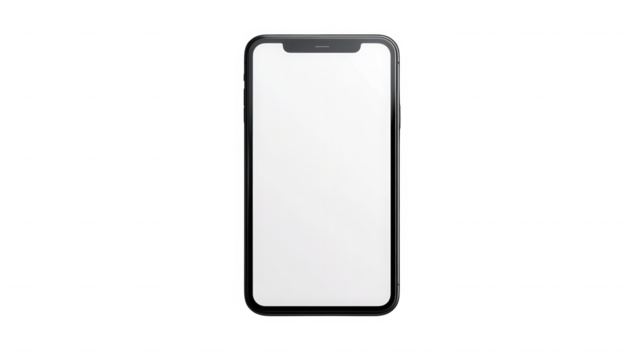 A smartphone with a blank white screen on a black background on transparent background