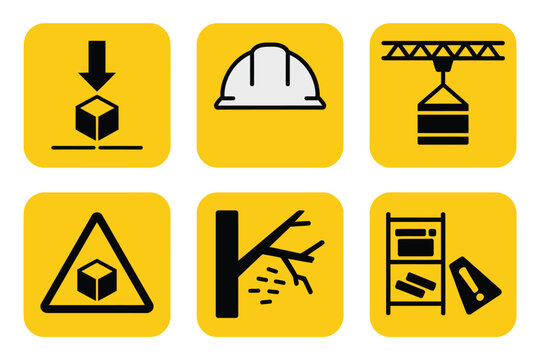 Construction site warnings pack, overhead load symbol, hard hat required, crane hook hazard, fragile branch, chemical caution
