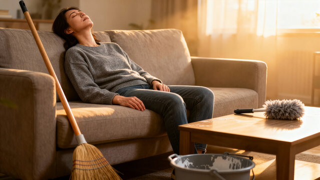 Woman relaxing on cozy sofa after completing cleaning tasks. Warm sunlight floods a tidy living room with a broom and mop nearby. Concept of home care, wellness, stress relief - Powered by Adobe