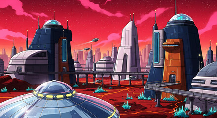 Pixel art illustration of a vibrant futuristic alien city on a red planet under a dramatic crimson sky, featuring unique architectural structures and flying vehicles