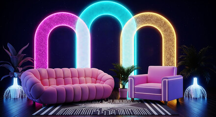 Vibrant futuristic interior with pink tufted sofa and armchair, illuminated by striking neon arched lights in pink, blue, and gold, creating a modern and energetic vibe