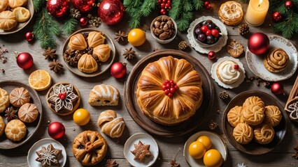 Weihnachtlich gedeckter Tisch mit Geb&auml;ck und Kuchen