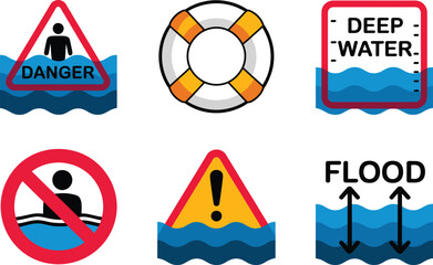 Water danger signs, deep water notice, no swimming circle, life ring, flood arrows, shoreline warning collection
