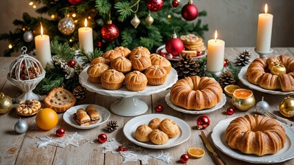 Weihnachtlich gedeckter Tisch mit Gebäck und Kuchen