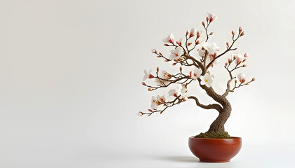 White Cherry Blossom Bonsai Tree in Terracotta Pot on Minimalist White Background, Japanese Floral Art Illustration