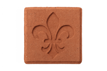 Square terracotta tile featuring a raised fleur-de-lis symbol, ideal for architectural, historical, or decorative design contexts