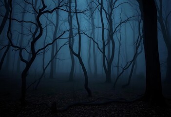 Obraz premium Dark, atmospheric forest scene with gnarled trees and fog, design, night