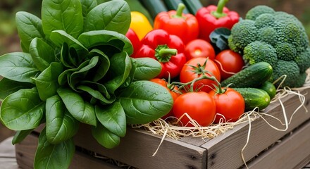 A rustic wooden crate overflowing with a vibrant assortment of fresh, healthy vegetables and produce