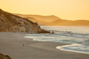 Lone walker on rugged coastline