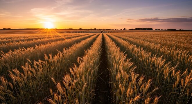 Golden wheat field rows at sunset, a beautiful rural landscape. - Powered by Adobe
