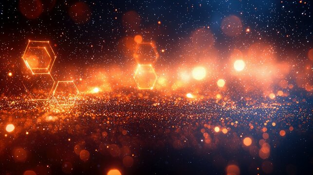 A dark, cosmic scene illuminated by glowing orange hexagons and a field of sparkling particles, with soft bokeh lights creating a dreamy atmosphere.
