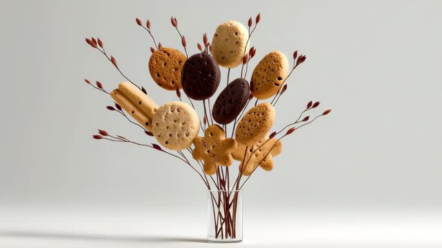 Decorative arrangement of cookies on slender branches in a clear vase, showcasing a delightful composition, camera pans slightly to reveal the full scene and textures of the cookies