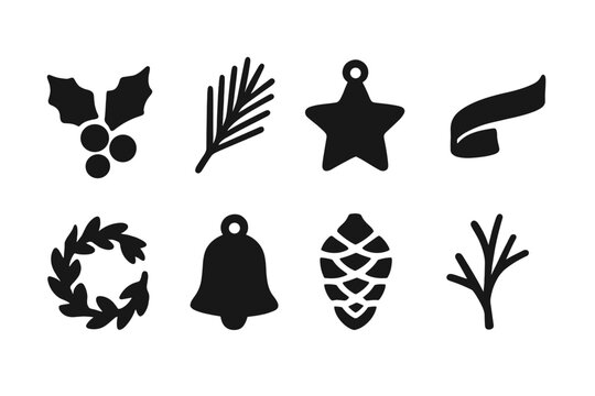 Holiday D&eacute;cor Icons. Holiday Tabletop D&eacute;cor. Filled icon set of Holiday Tabletop D&eacute;cor: holly sprig, pine