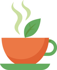 Orange teacup with green saucer and steam hot drink