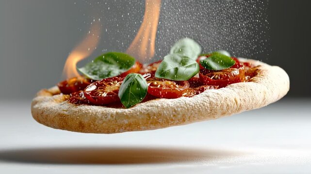Floating pizza topped with fresh basil and roasted tomatoes, surrounded by a sprinkle of flour, captured in a dynamic sequence showcasing the cooking process with a smooth zoom in