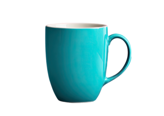 Teal mug, rounded handle, white interior, isolated