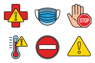 Emergency health signs collection, medical cross, protective mask, stop hand, thermometer icon, do not enter, caution triangle