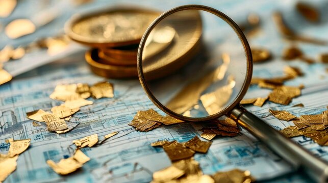 Magnifying glass over gold coins and flakes on a vintage map, representing treasure hunting and discovery in a historical context