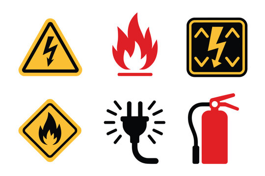Electrical and fire safety icons, lightning warning sign, flame symbol, plug hazard, extinguisher, triangular caution badge, protection vector