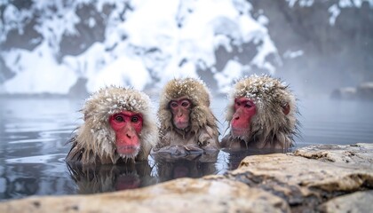 Three Japanese Macaques Enjoying a Warm Onsen in Winter.