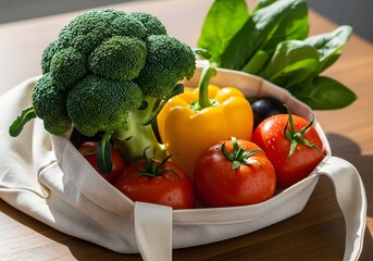 Fresh produce in a reusable bag, featuring broccoli, yellow bell pepper, tomatoes, and leafy greens