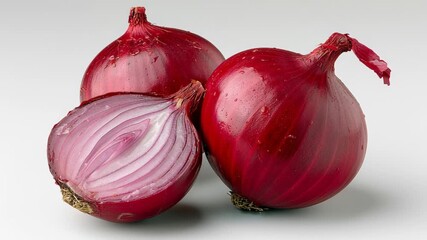 Fresh red onions displayed with a cut onion revealing vibrant inner layers, showcasing rich colors and textures, camera gradually zooms in to highlight details and freshness of produce