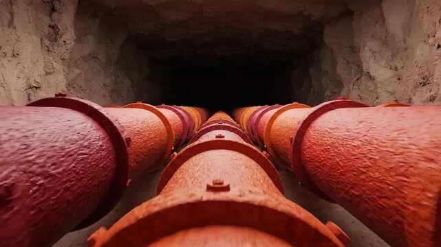 Tunnel Perspective of Red and Orange Industrial Pipes within a Concrete Structure