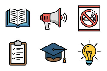 Public health training symbols, textbook reference, campaign megaphone, quit smoking sign, planning clipboard, academic cap, creative idea
