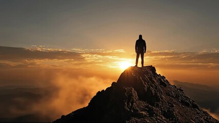 A silhouette of a person stands atop a rocky mountain peak overlooking a vast landscape of clouds and distant hills during a brilliant golden sunrise or sunset - Powered by Adobe